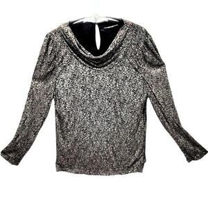 Vintage Black Iridescent Metallic Floral Cowl Neck Long Sleeve Whimsy Blouse Top